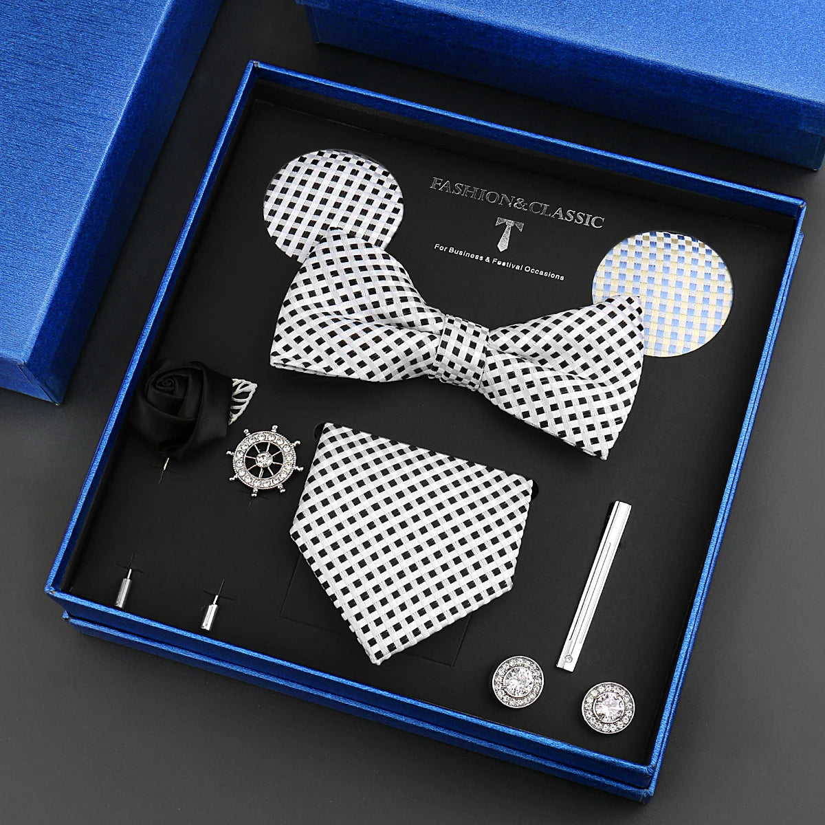 Classic Silk Neck Tie Set For Men Luruxy Brand Design Bowtie Hanky brooch Cufflinks Tie Clip Box Set Bussiness Wedding Suit Gift